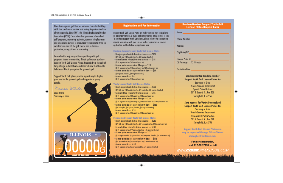 Form VSD706.3 Support Youth Golf License Plates Request Form - Illinois, Page 2
