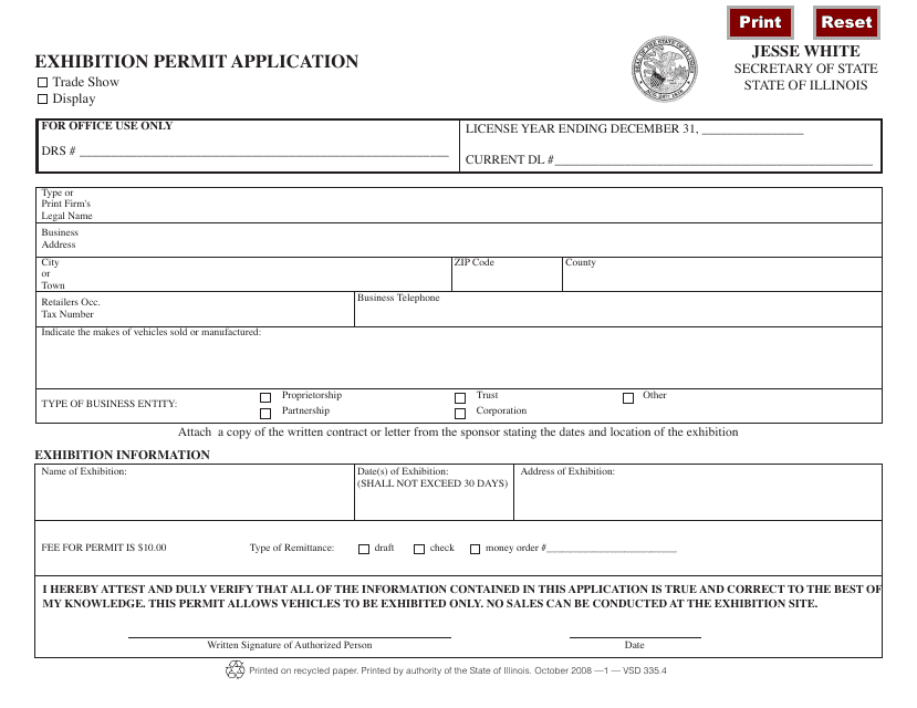 Form VSD335.4 Exhibition Permit Application - Illinois
