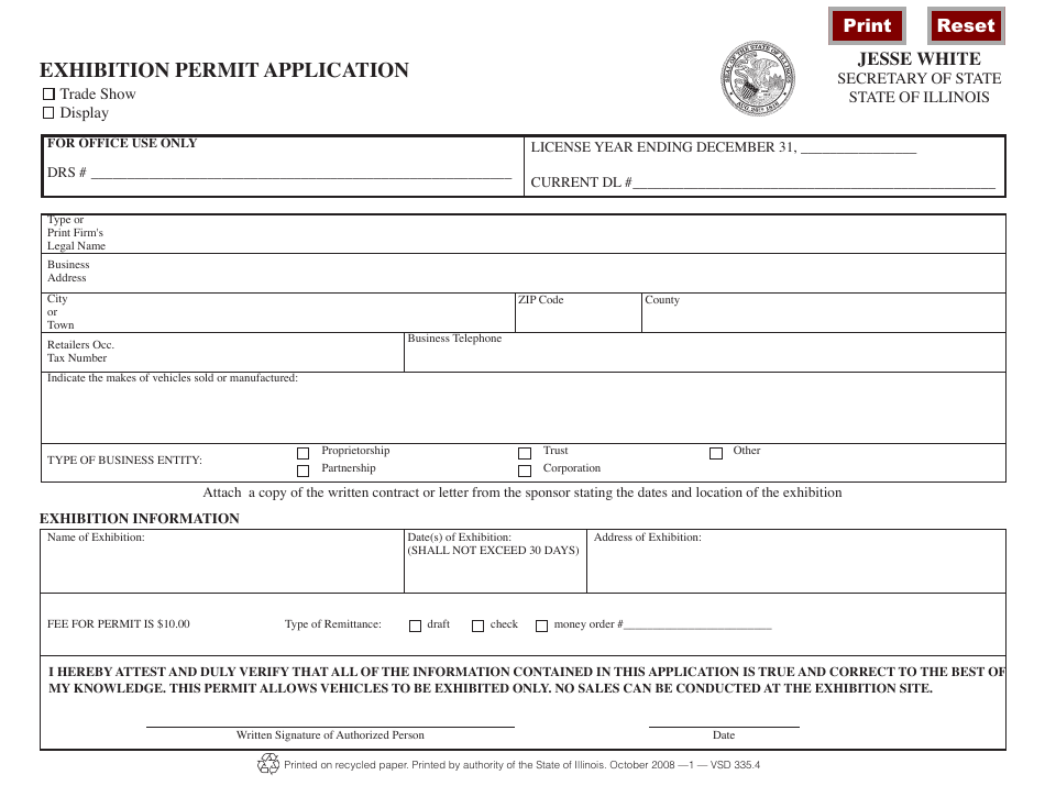 Form VSD335.4 Exhibition Permit Application - Illinois, Page 1