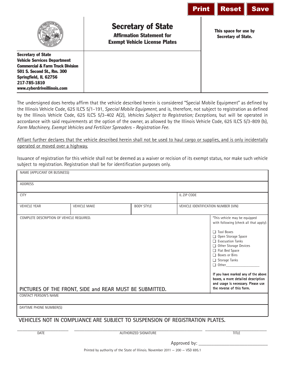Form VSD695.1 Affirmation Statement for Exempt Vehicle License Plates - Illinois, Page 1