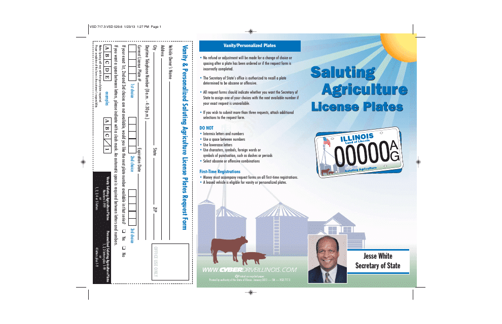 Form VSD717.3 Saluting Agriculture License Plates Request Form - Illinois