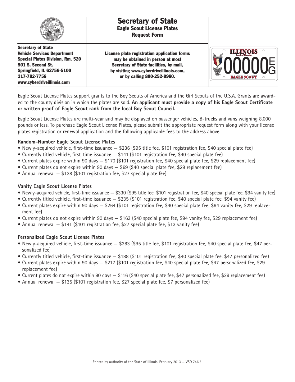 Form VSD746 Eagle Scout License Plates Request Form - Illinois, Page 1