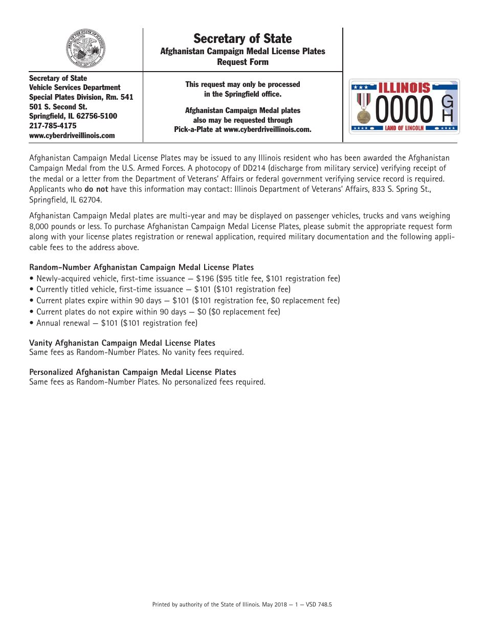 Form VSD748 Afghanistan Campaign Medal License Plates Request Form - Illinois, Page 1