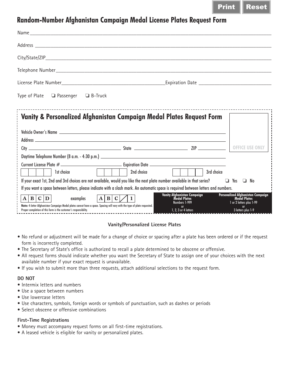 Form VSD748 Afghanistan Campaign Medal License Plates Request Form - Illinois, Page 2