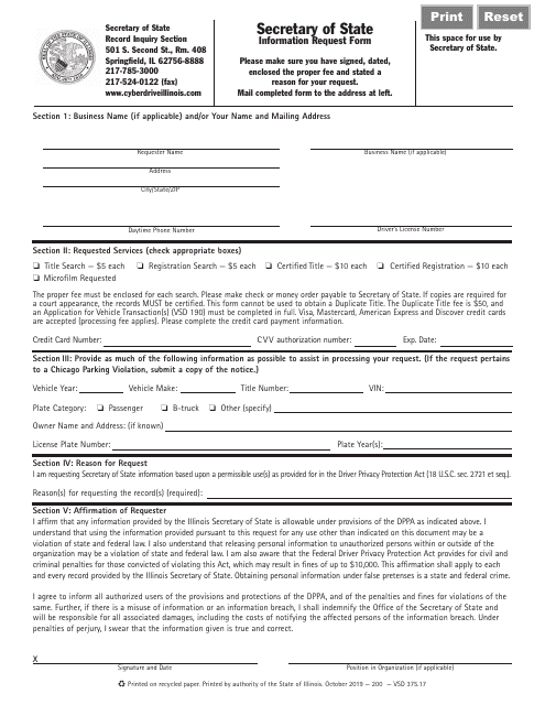 Form VSD375.17 Information Request Form - Illinois