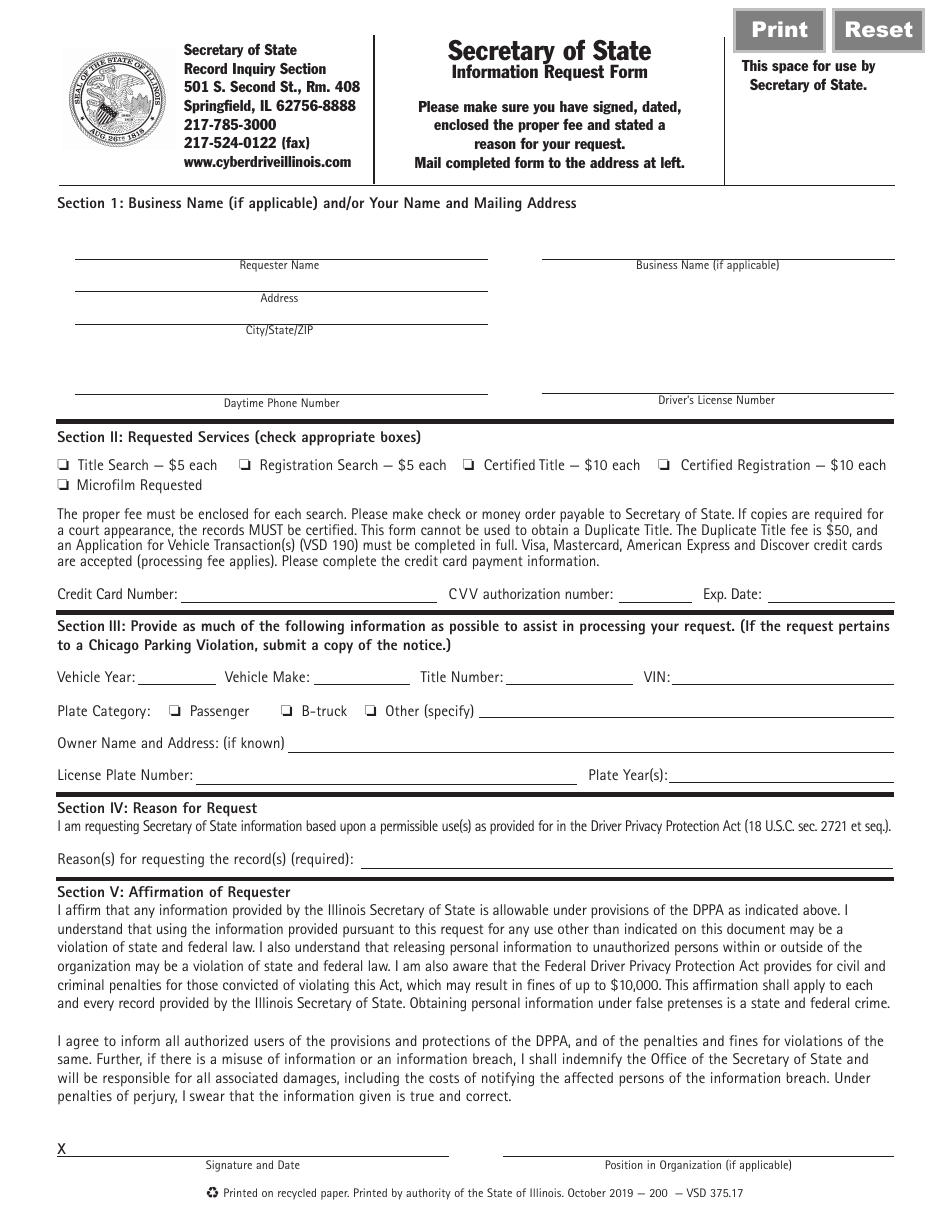 Form VSD375.17 Information Request Form - Illinois, Page 1