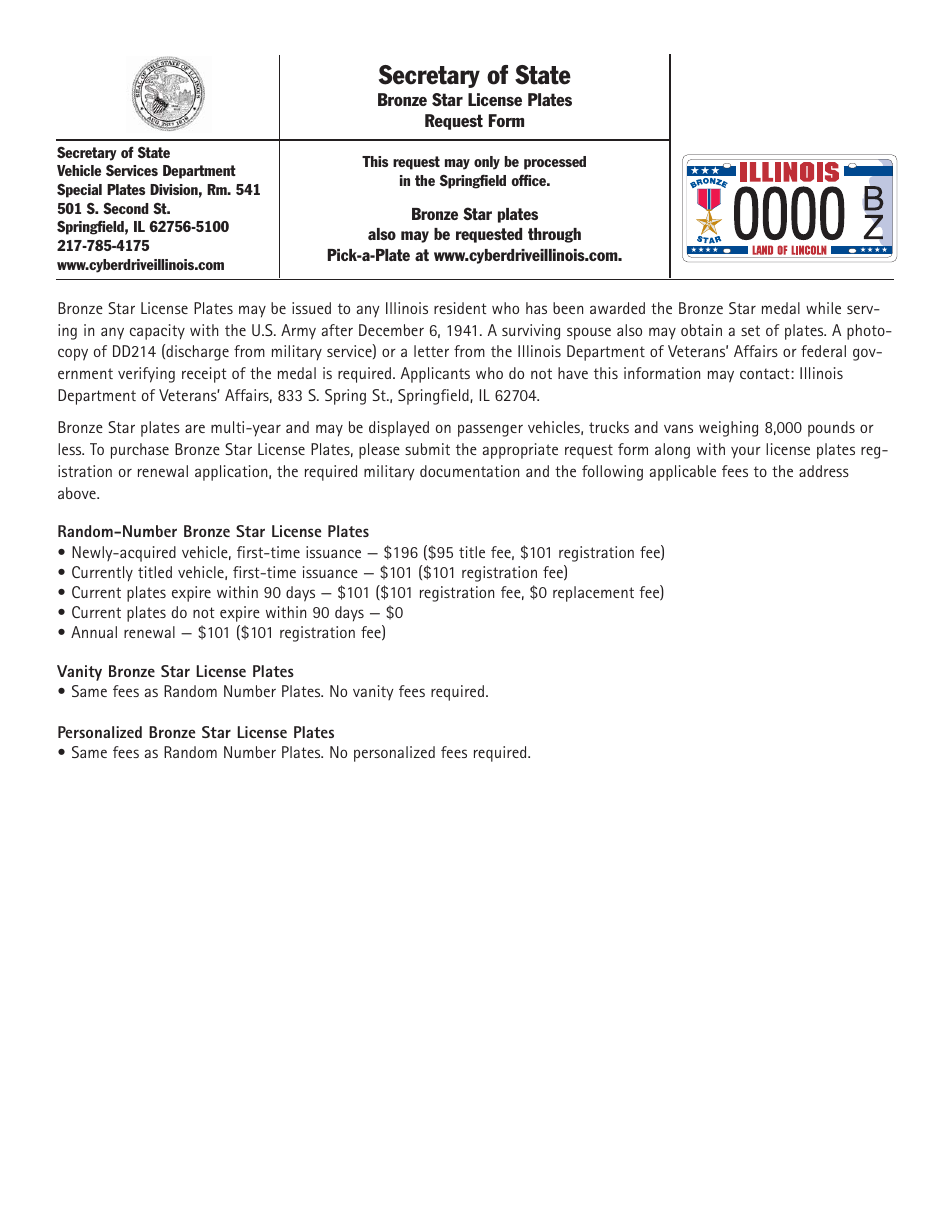 Form VSD754 Bronze Star License Plates Request Form - Illinois, Page 1