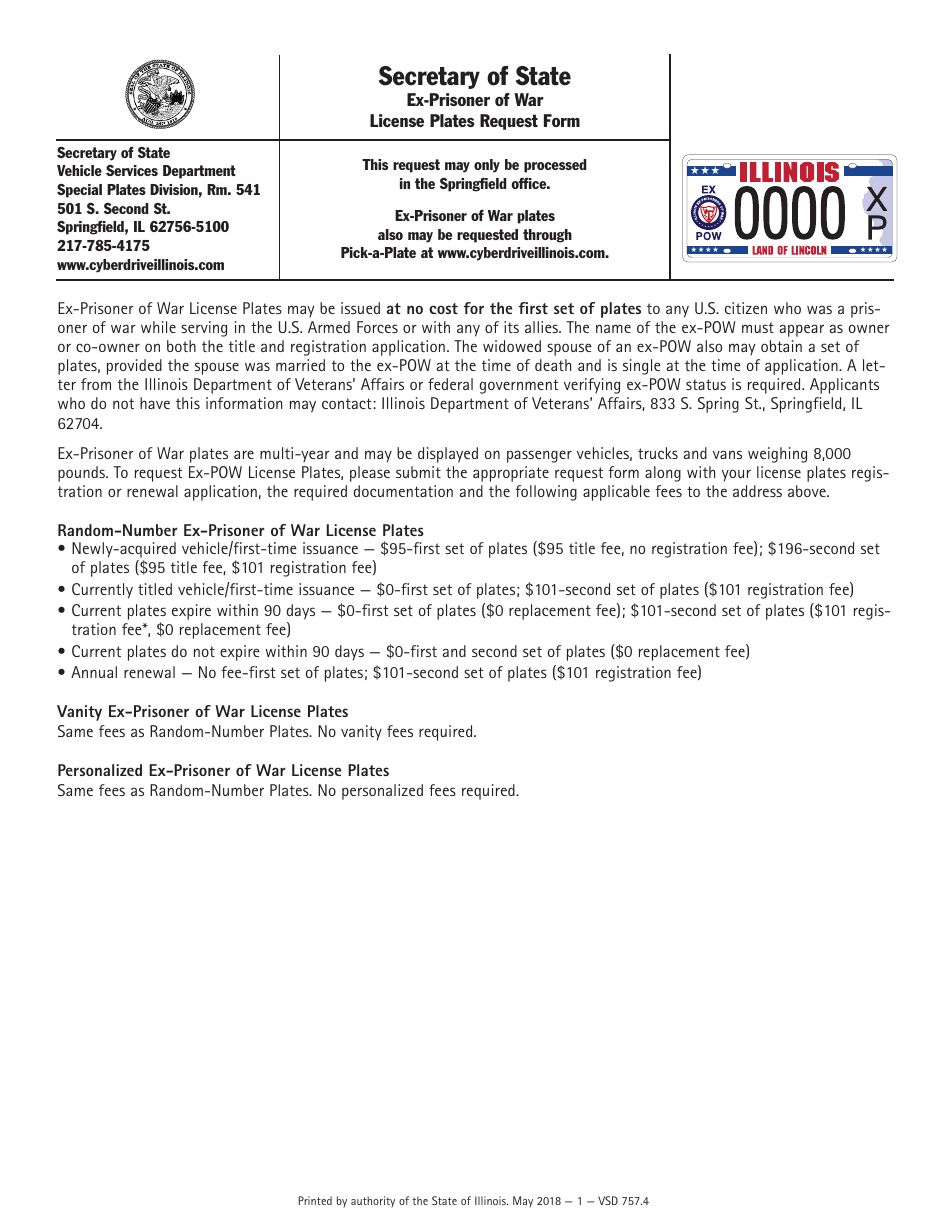 Form VSD757 Ex-prisoner of War License Plates Request Form - Illinois, Page 1