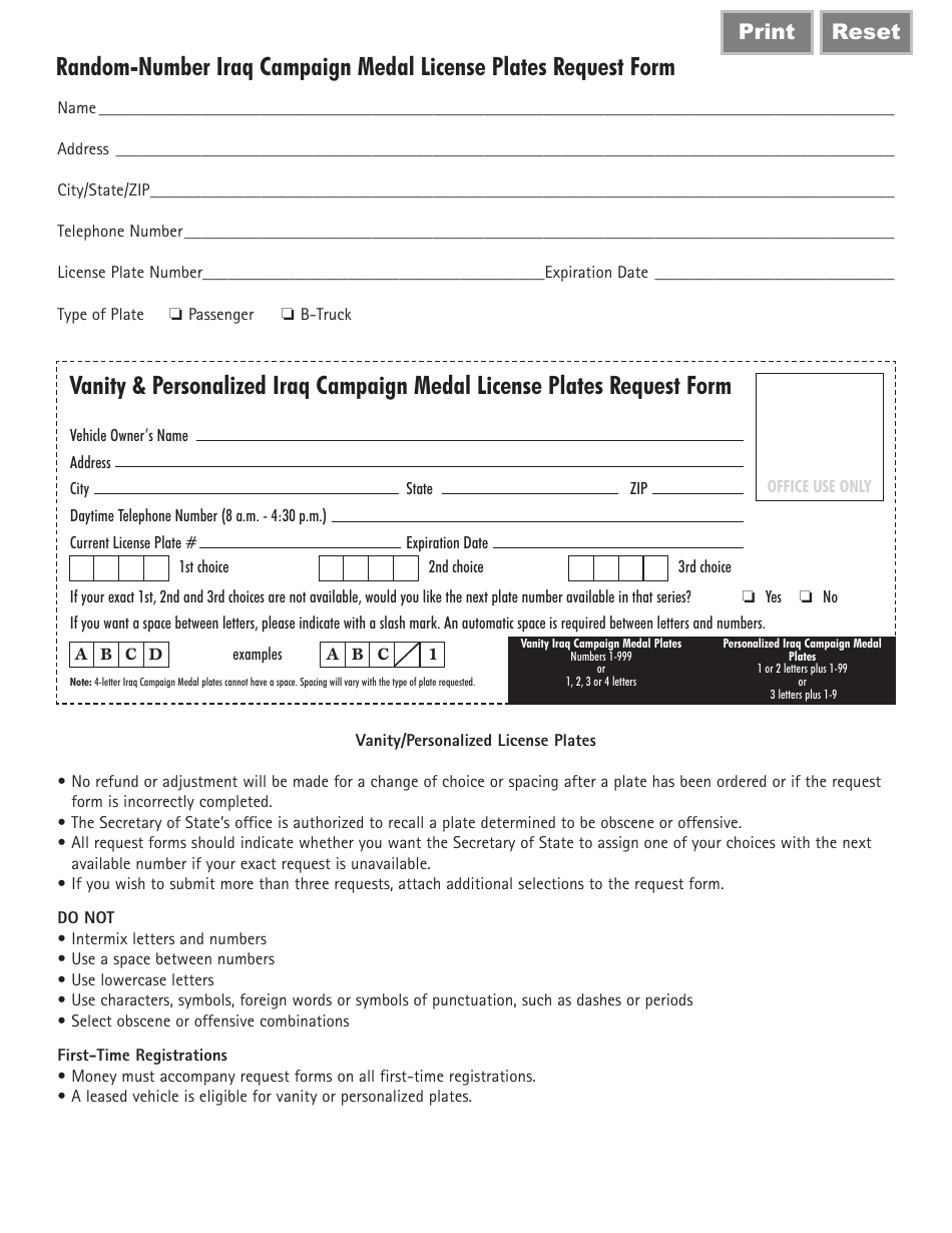 Form VSD749 Iraq Campaign Medal License Plates Request Form - Illinois, Page 2