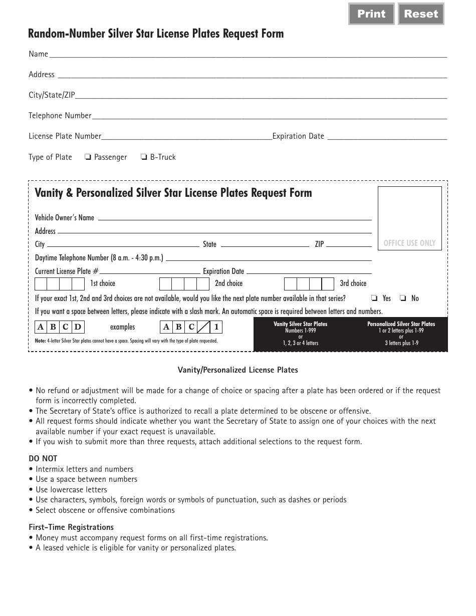 Form VSD765 Silver Star License Plates Request Form - Illinois, Page 2