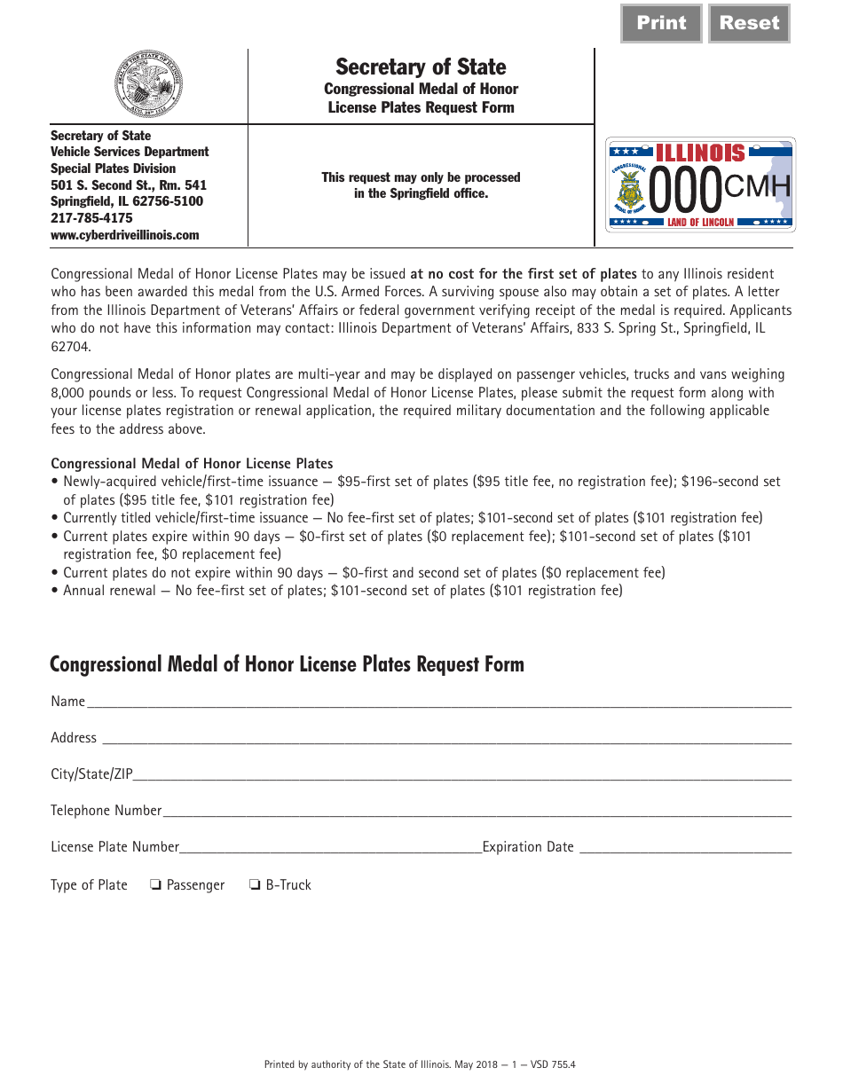 Form VSD755.4 Congressional Medal of Honor License Plates Request Form - Illinois, Page 1