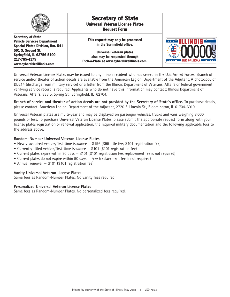 Form VSD766 Universal Veteran License Plates Request Form - Illinois, Page 1