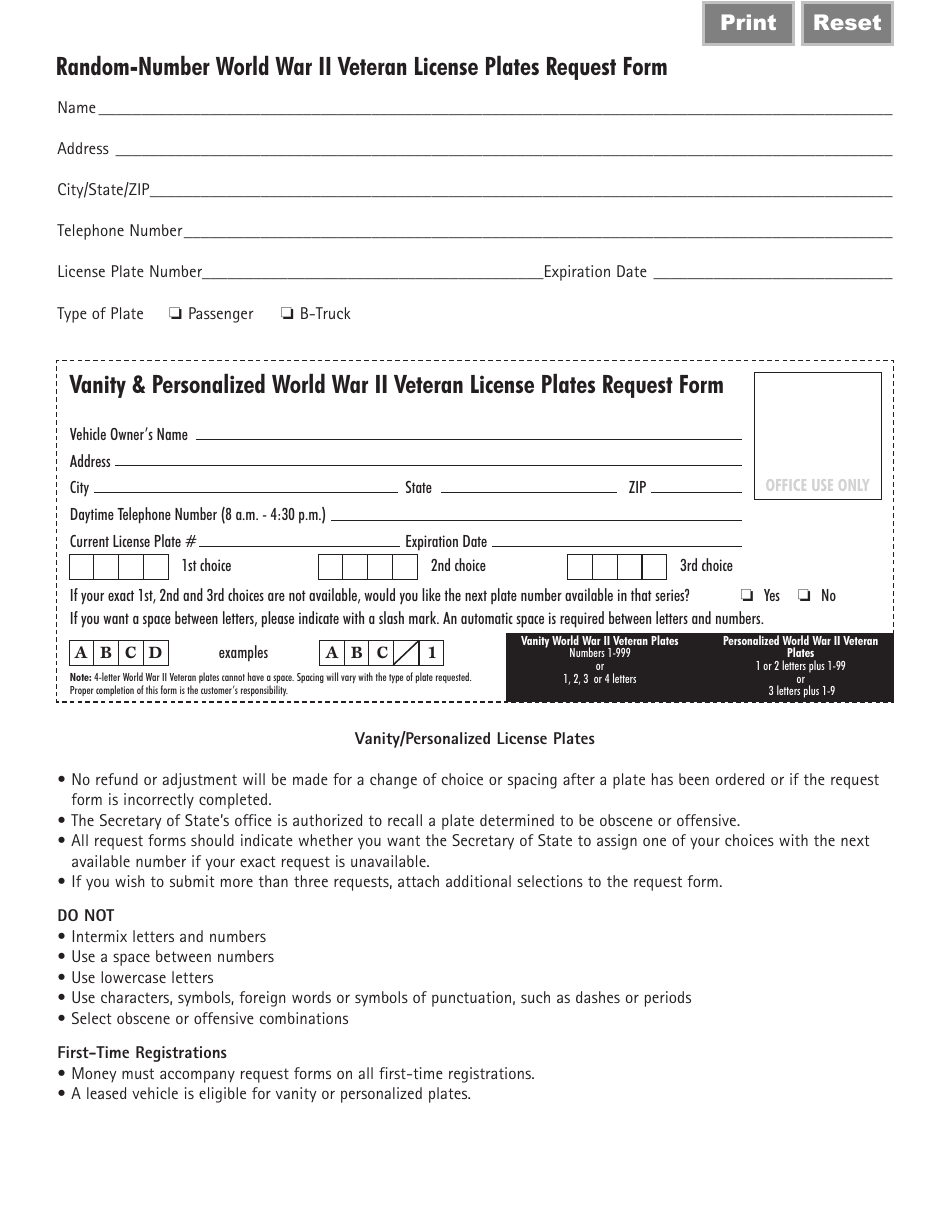 Form VSD770 World War II Veteran License Plates Request Form - Illinois, Page 2