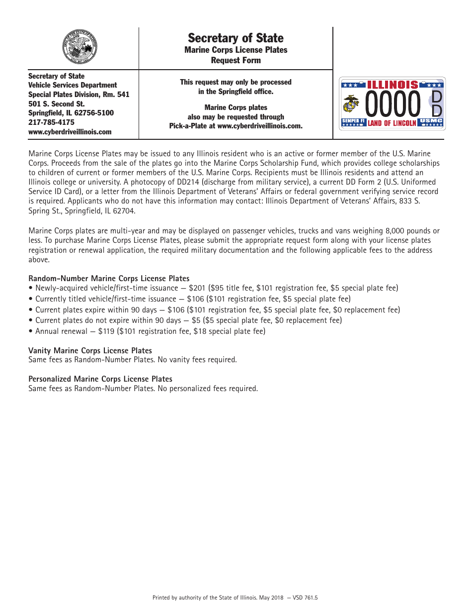 Form VSD761 Marine Corps License Plates Request Form - Illinois, Page 1