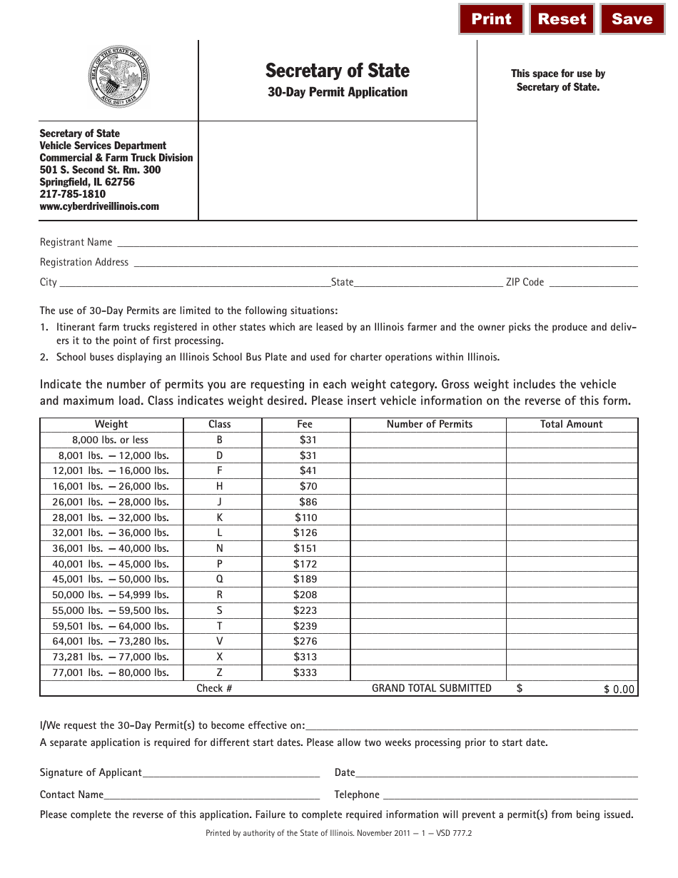 Form VSD777.2 30-day Permit Application - Illinois, Page 1