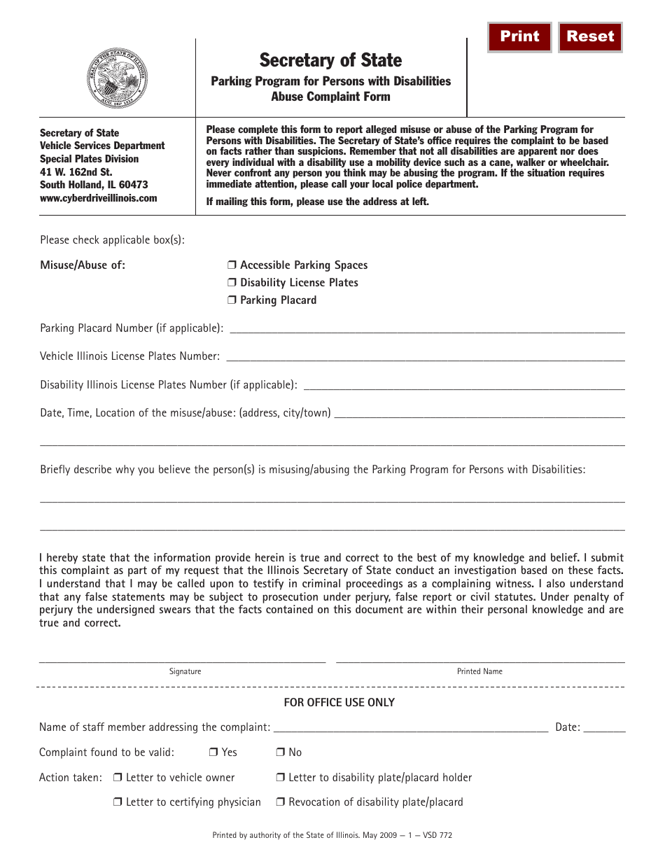 Form VSD772 Parking Program for Persons With Disabilities Abuse Complaint Form - Illinois, Page 1
