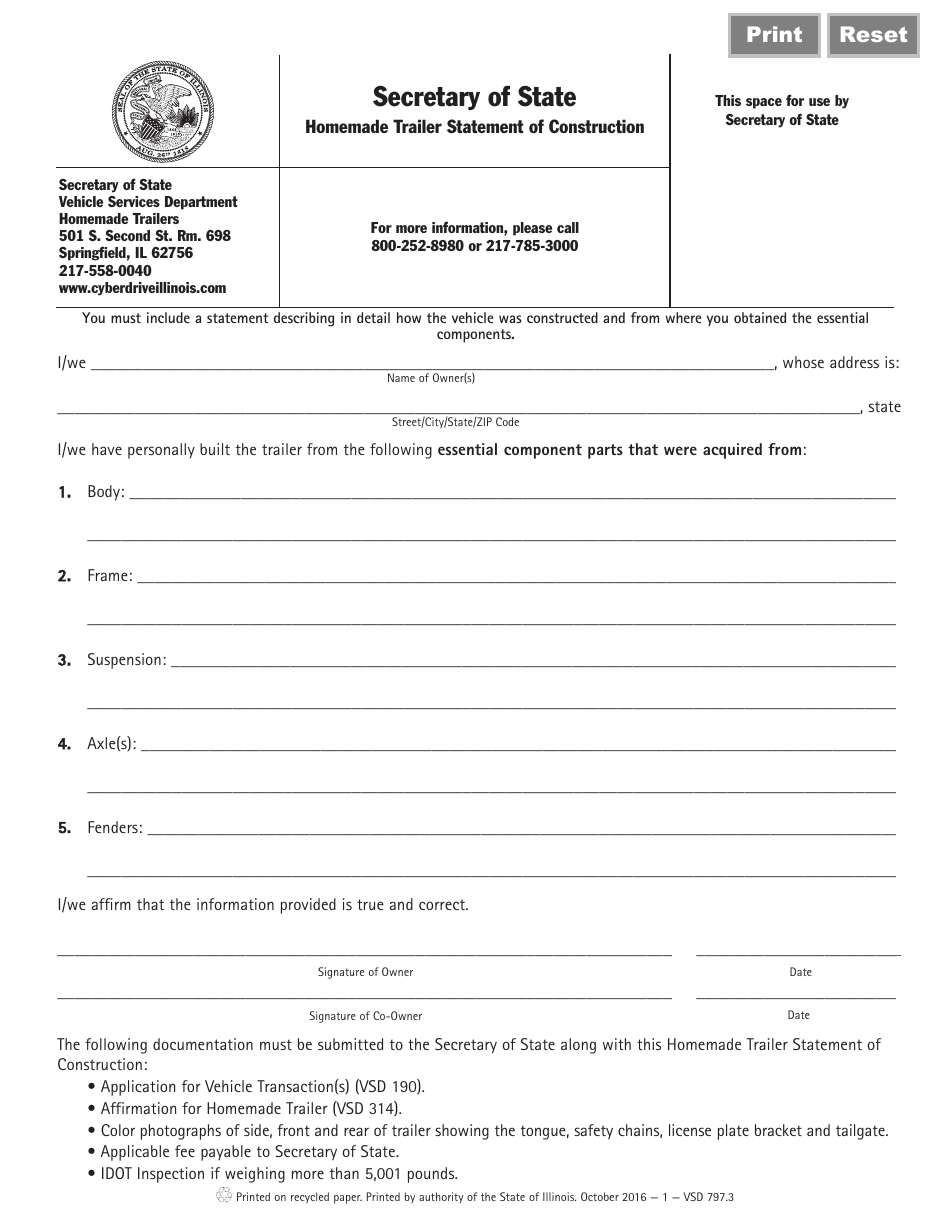 Form VSD797.3 Homemade Trailer Statement of Construction - Illinois, Page 1