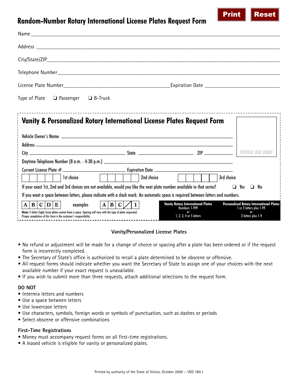 Form VSD780 Rotary International License Plates Request Form - Illinois, Page 2