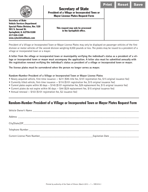 Form VSD814.1 President of a Village or Incorporated Town or Mayor License Plates Request Form - Illinois