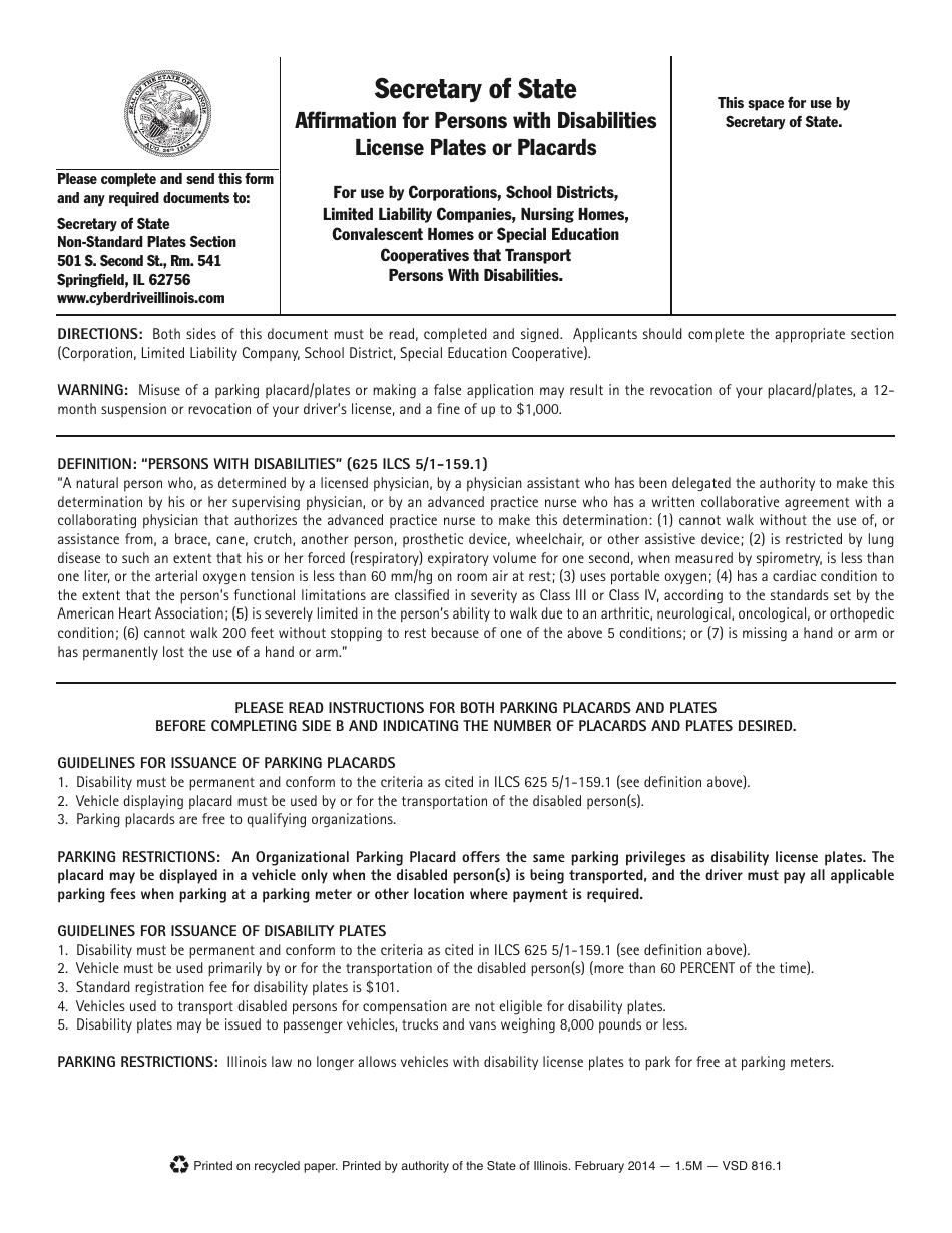 Form VSD816.1 Affirmation for Persons With Disabilities License Plates or Placards - Illinois, Page 1