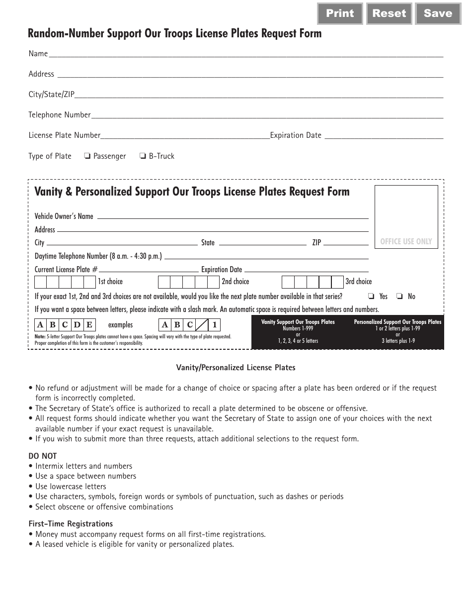 Form VSD784 Support Our Troops License Plates Request Form - Illinois, Page 2