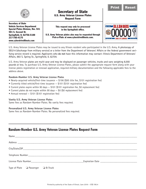 Form VSD785.4 U.S. Army Veteran License Plates Request Form - Illinois