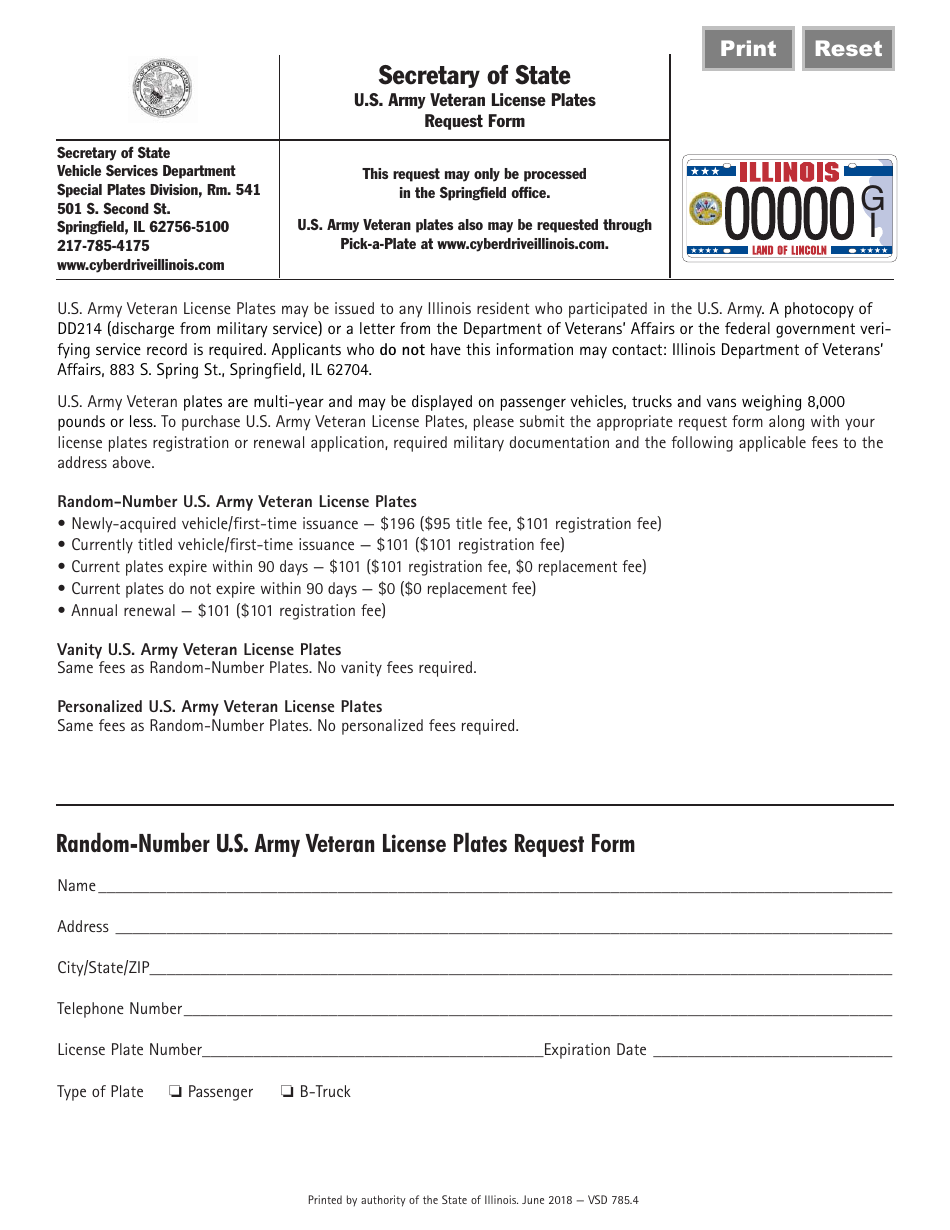 Form VSD785.4 U.S. Army Veteran License Plates Request Form - Illinois, Page 1