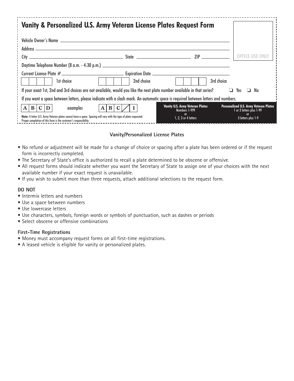 Form VSD785.4 U.S. Army Veteran License Plates Request Form - Illinois, Page 2