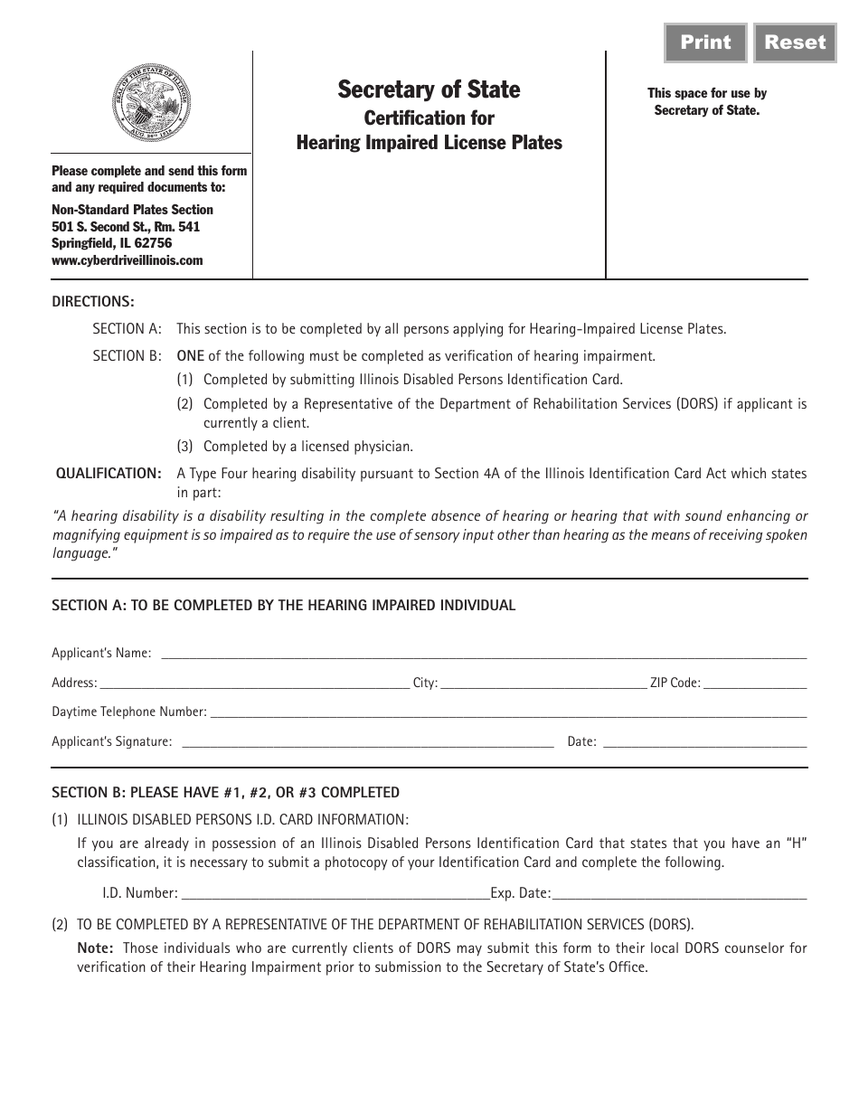 Form VSD820.1 Certification for Hearing Impaired License Plates - Illinois, Page 1