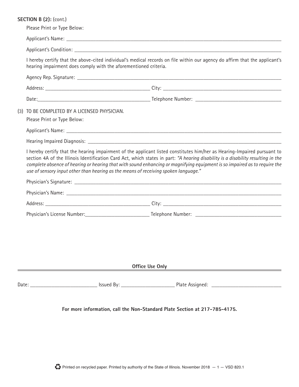 Form VSD820.1 Certification for Hearing Impaired License Plates - Illinois, Page 2