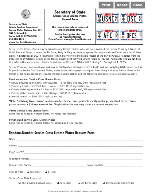 Form VSD787 Service Cross License Plates Request Form - Illinois