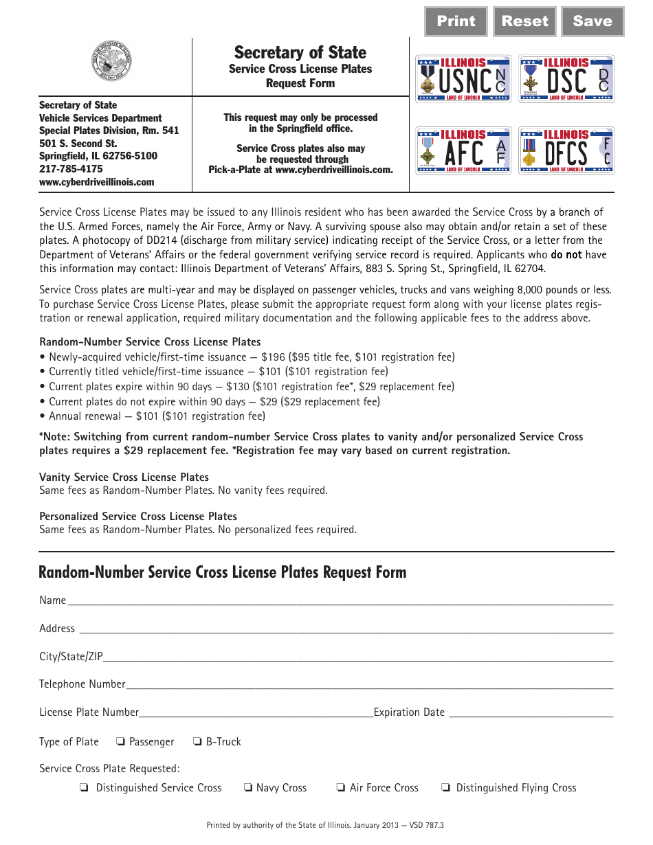 Form VSD787 Service Cross License Plates Request Form - Illinois, Page 1