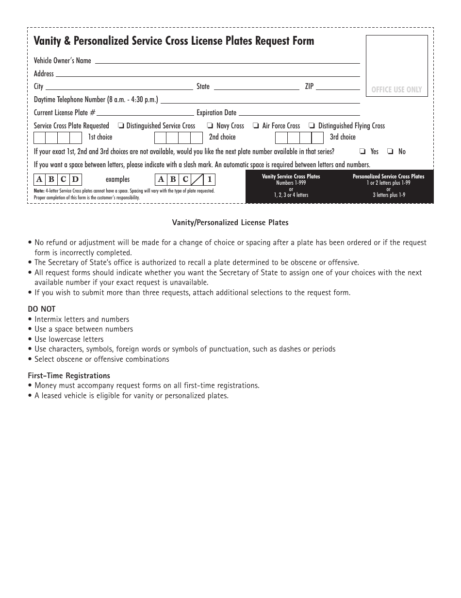 Form VSD787 Service Cross License Plates Request Form - Illinois, Page 2