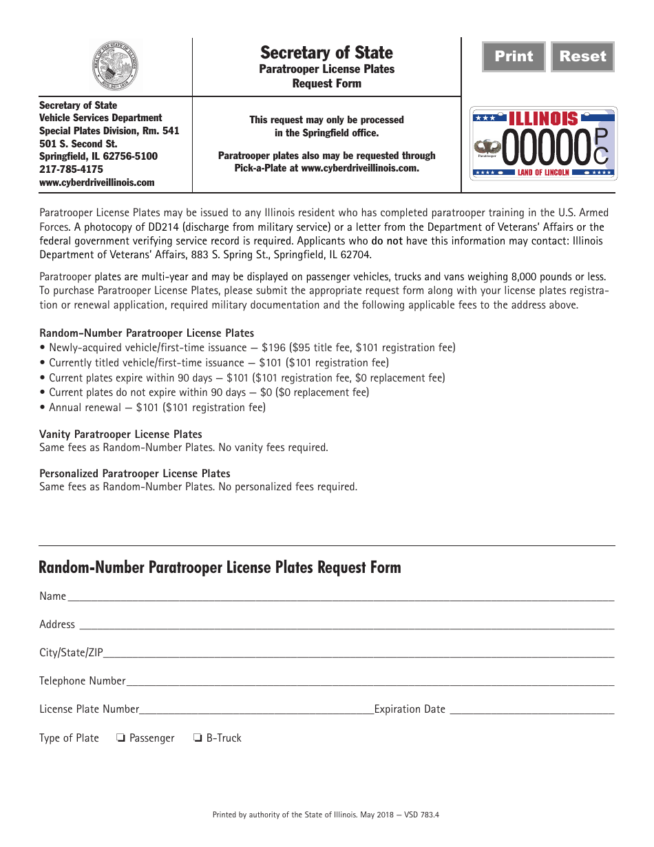 Form VSD783.4 Paratrooper License Plates Request Form - Illinois, Page 1