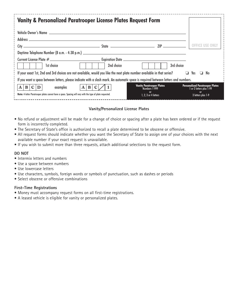 Form VSD783.4 Paratrooper License Plates Request Form - Illinois, Page 2