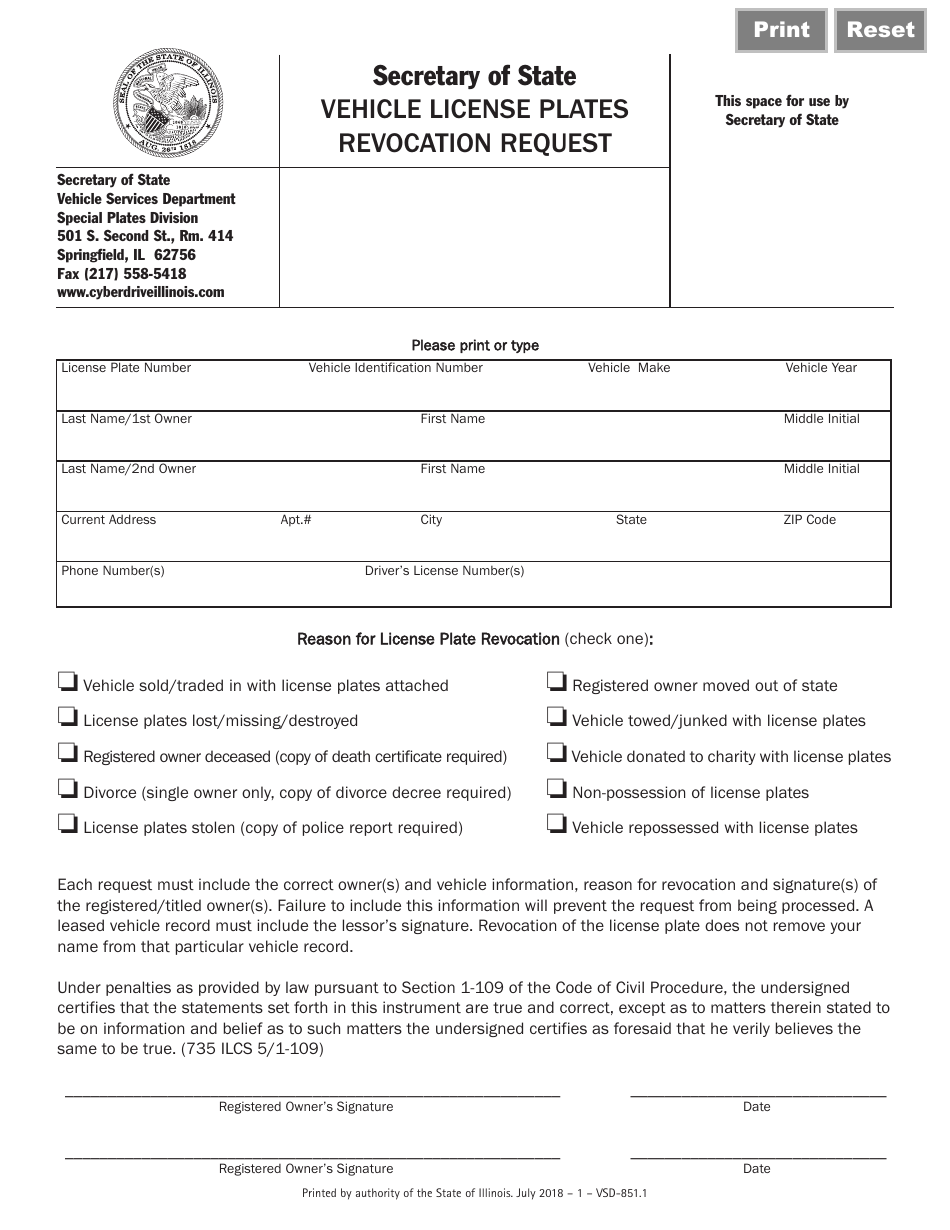 Form VSD851.1 Vehicle License Plates Revocation Request - Illinois, Page 1