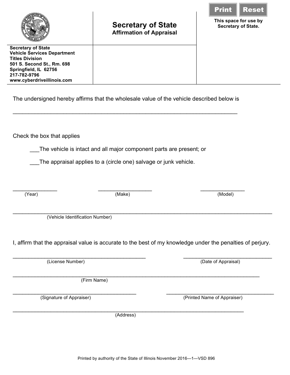 Form VSD896 Affirmation of Appraisal - Illinois, Page 1
