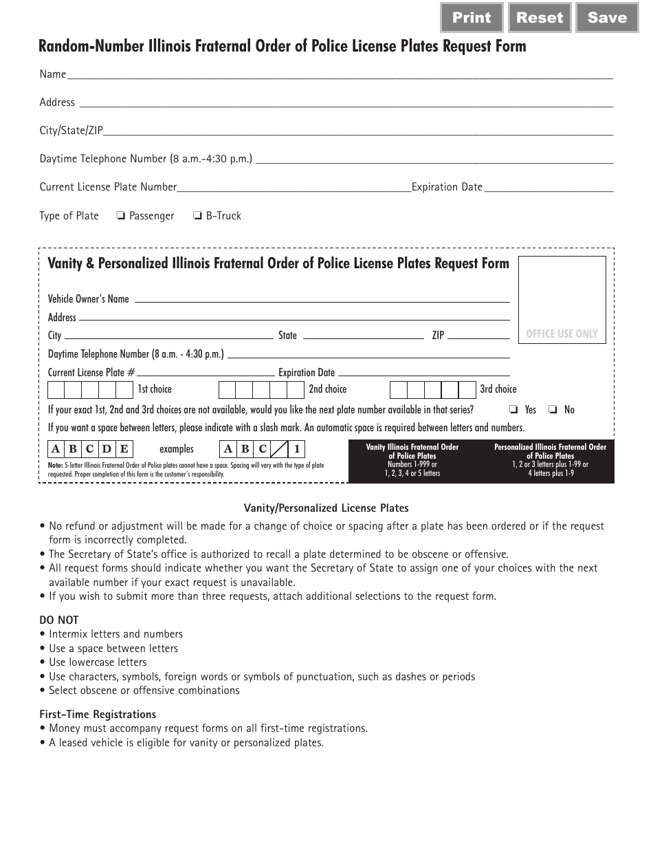 Form VSD833 Illinois Fraternal Order of Police License Plates Request Form - Illinois, Page 2