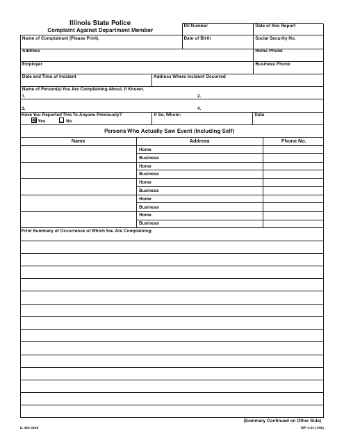 Form IL493-0228 (ISP3-23) Complaint Against Department Member - Illinois