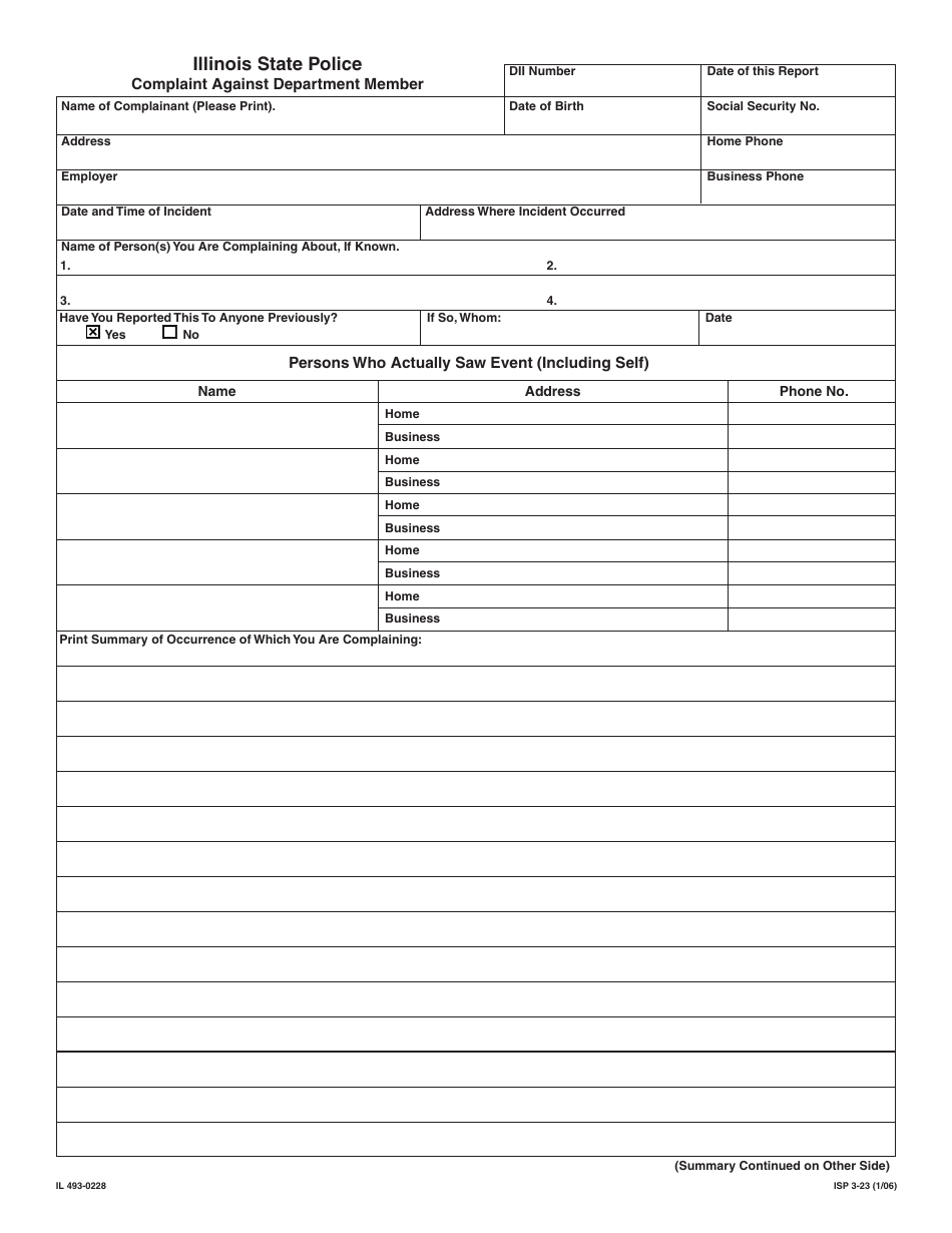 Form IL493-0228 (ISP3-23) Complaint Against Department Member - Illinois, Page 1