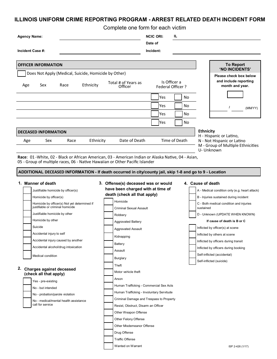 Form ISP2-426 Arrest Related Death Incident Form - Illinois Uniform Crime Reporting Program - Illinois, Page 1