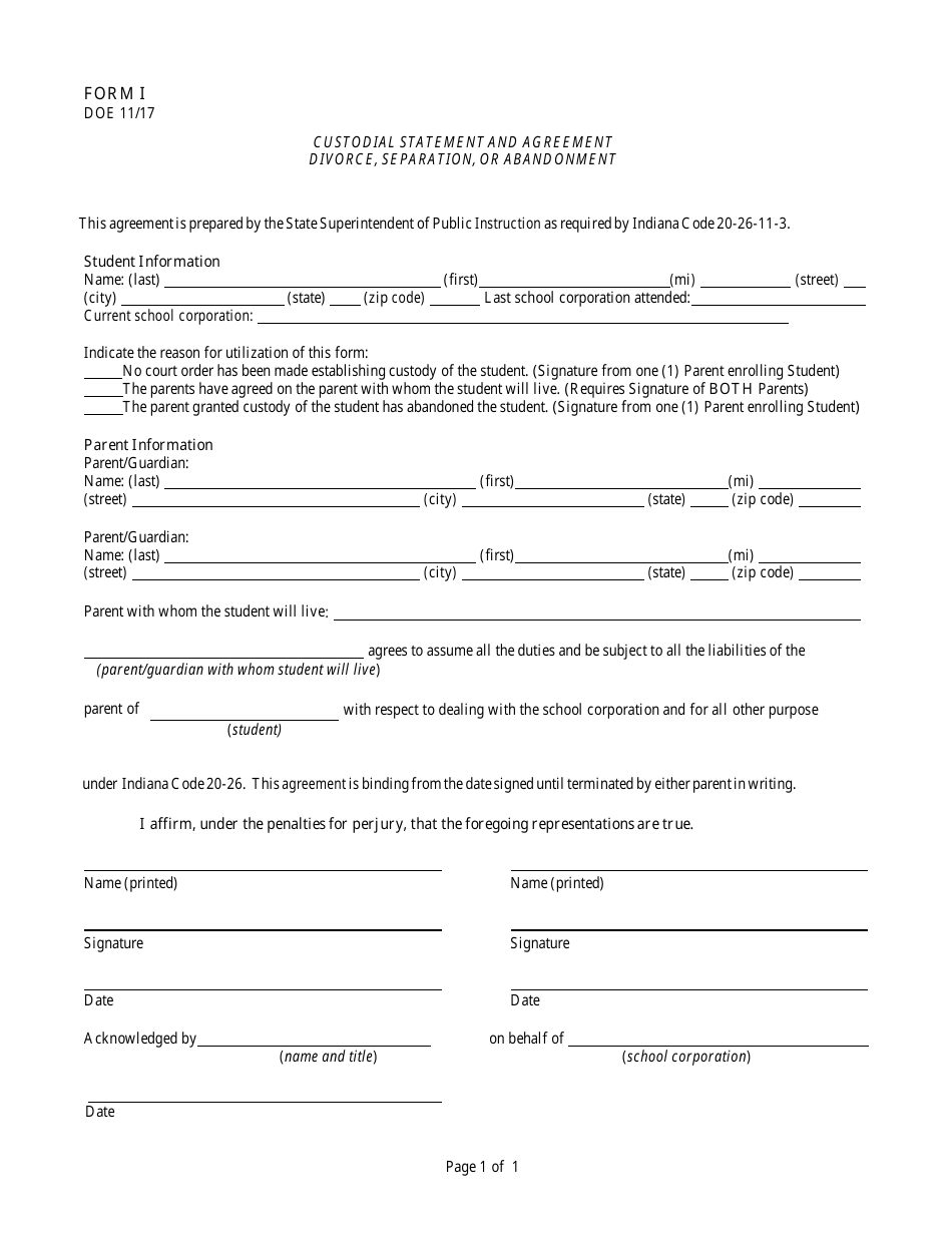 Form 1 Custodial Statement and Agreement - Divorce, Separation, or Abandonment - Indiana, Page 1