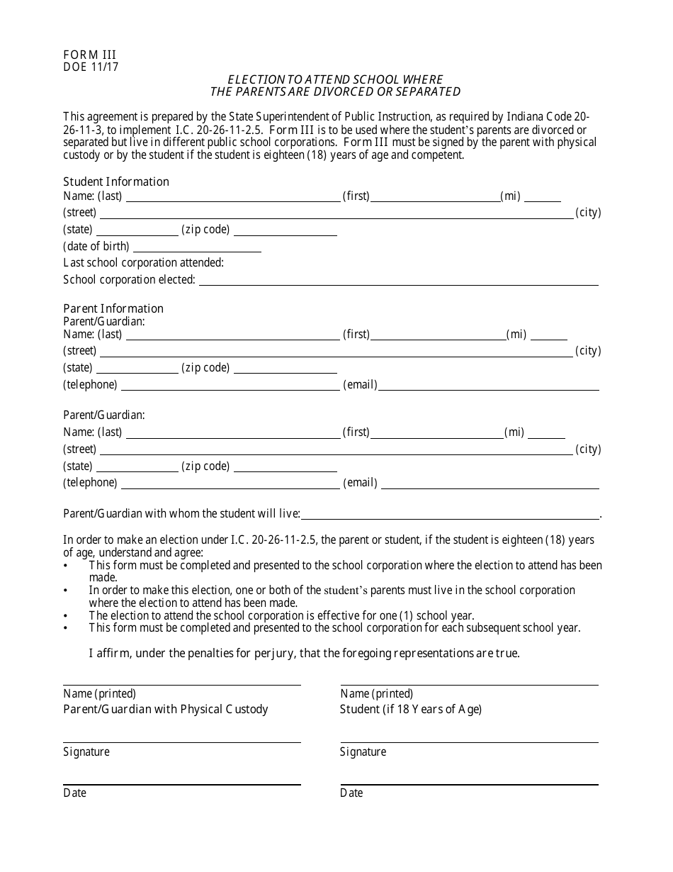Form 3 Election to Attend School Where the Parents Are Divorced or Separated - Indiana, Page 1