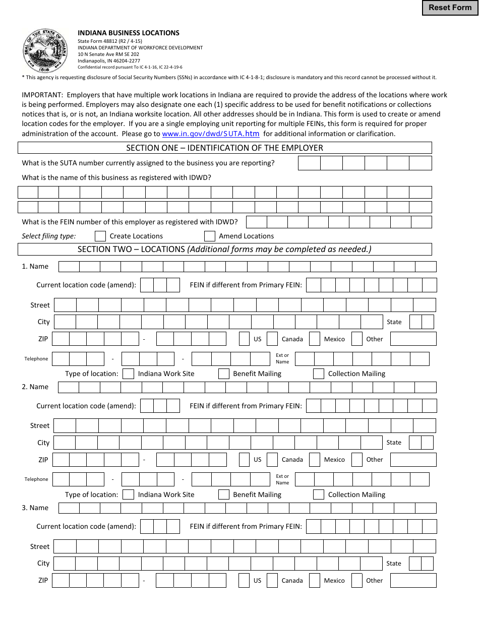 State Form 48812 Indiana Business Locations - Indiana, Page 1