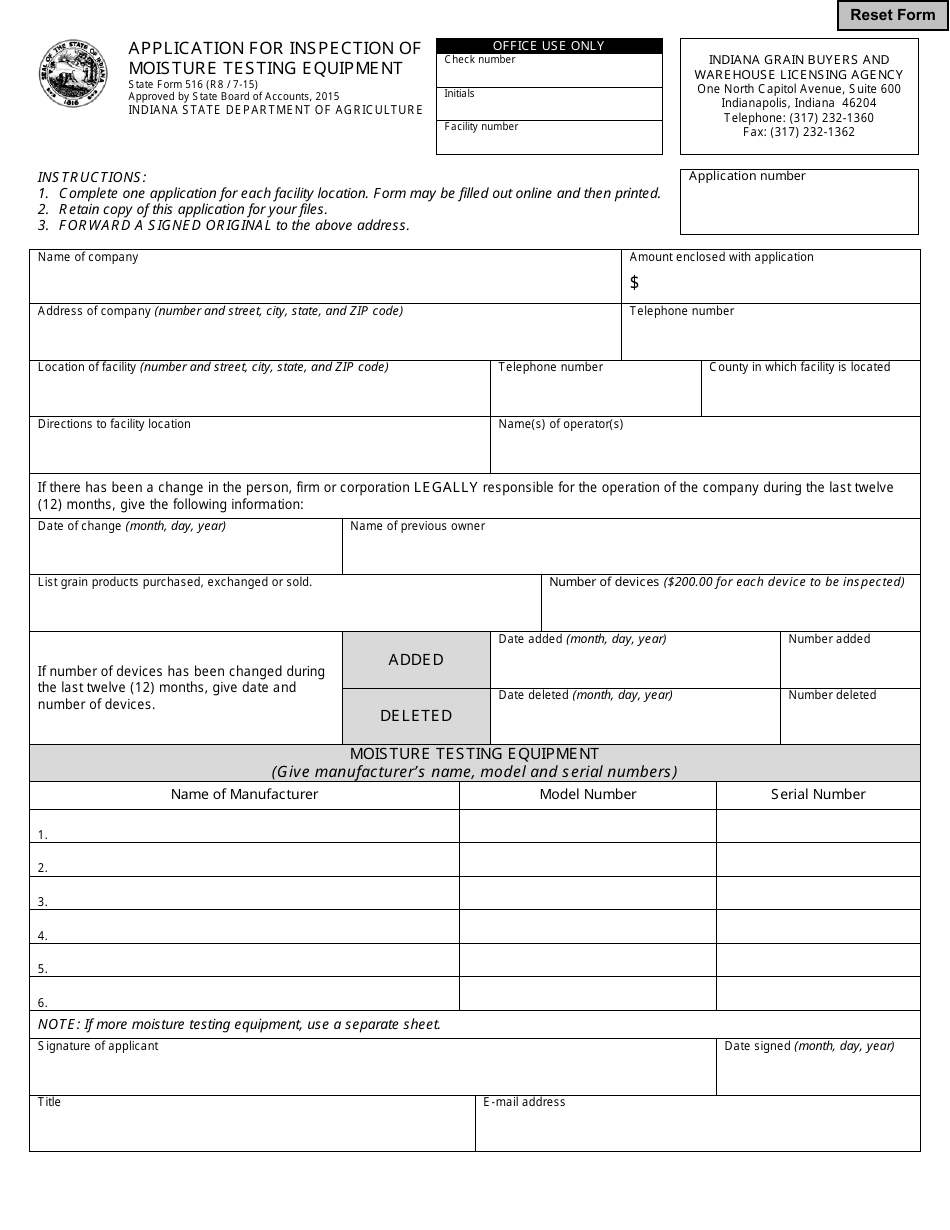 State Form 516 Application for Inspection of Moisture Testing Equipment - Indiana, Page 1