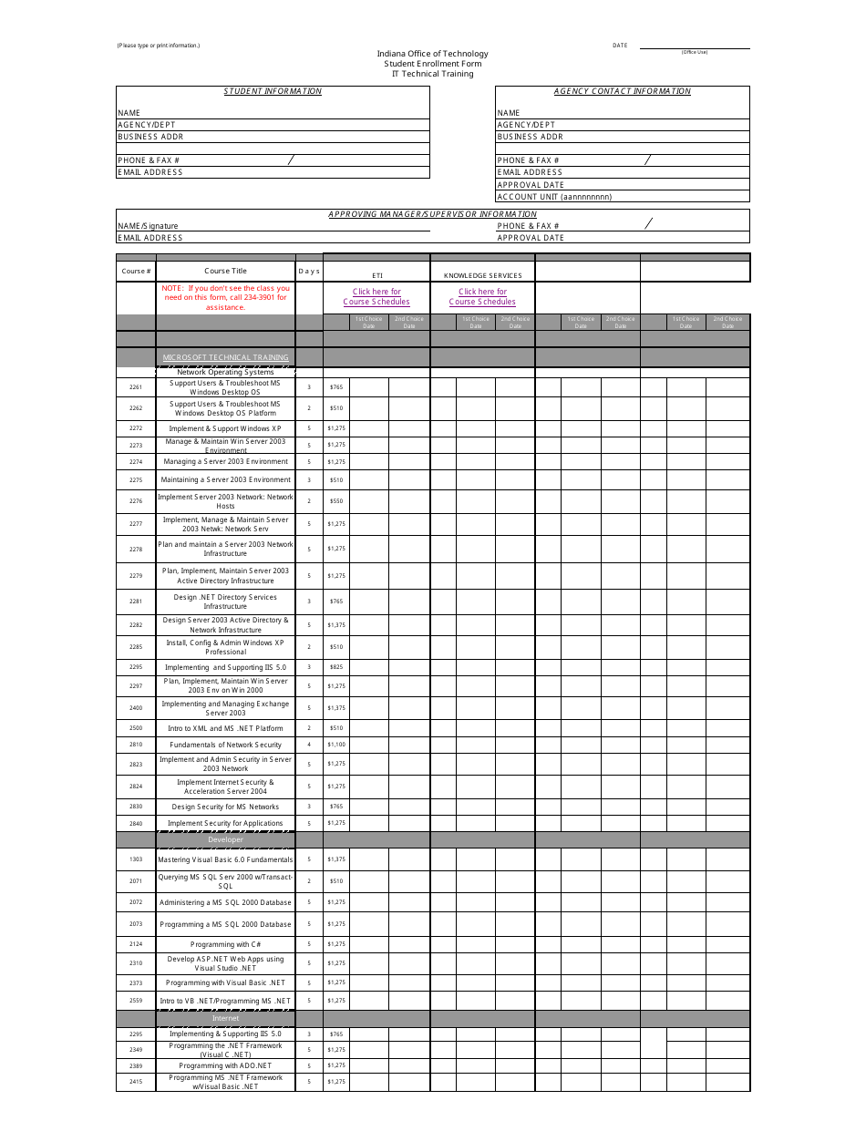 Student Enrollment Form - It Technical Training - Indiana, Page 1