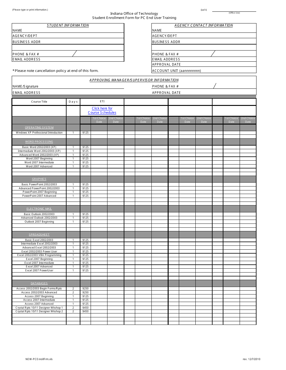Student Enrollment Form for Pc End User Training - Indiana, Page 1