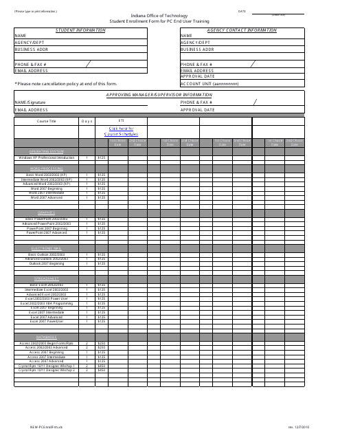 Student Enrollment Form for Pc End User Training - Indiana Download Pdf