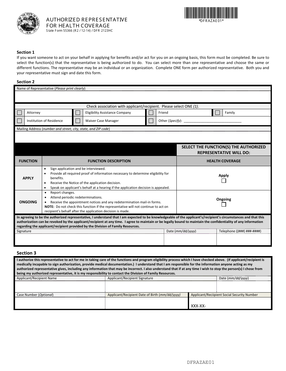State Form 55366 (DFR2123HC) Authorized Representative for Health Coverage - Indiana, Page 1