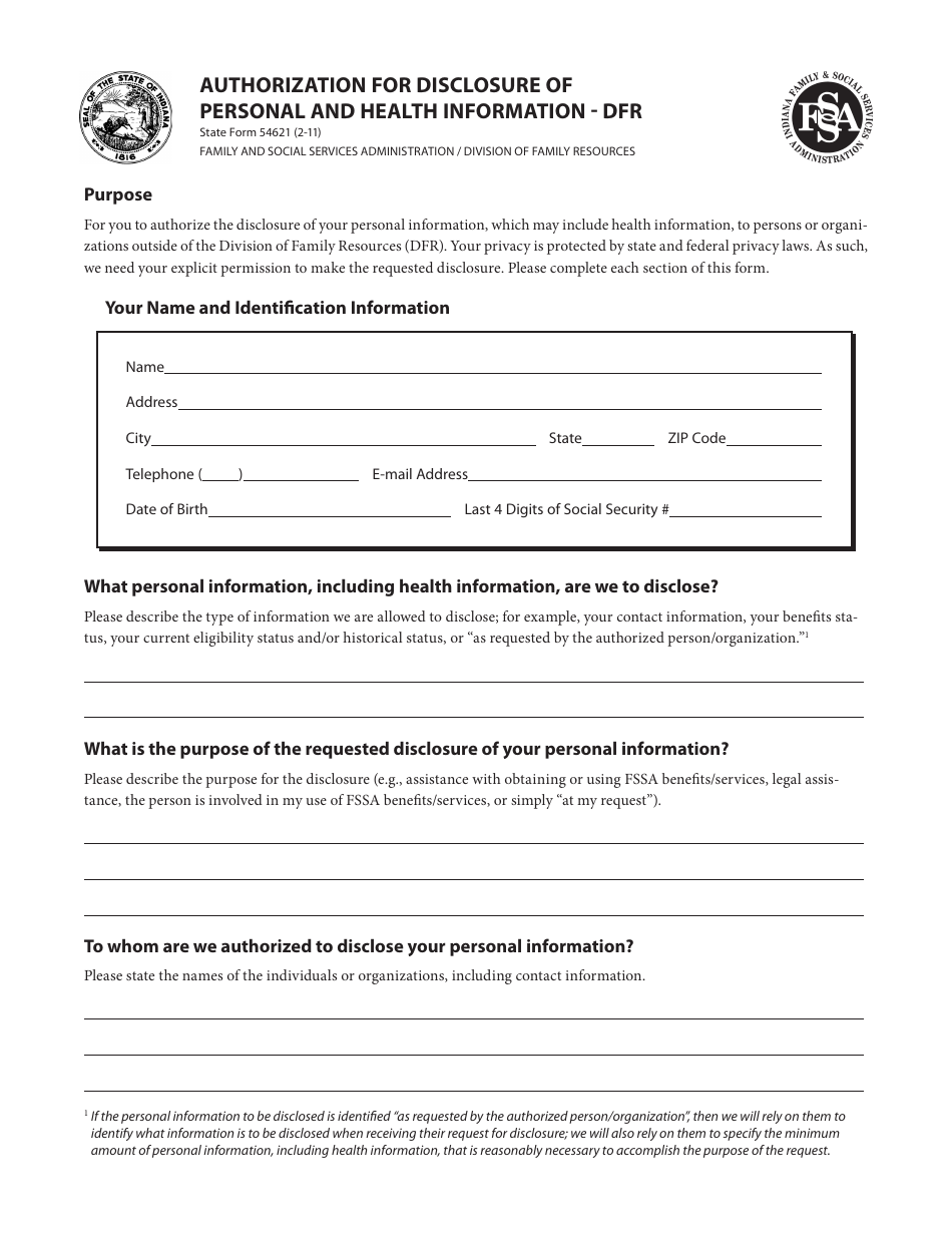 State Form 54621 Authorization for Disclosure of Personal and Health Information - Indiana, Page 1